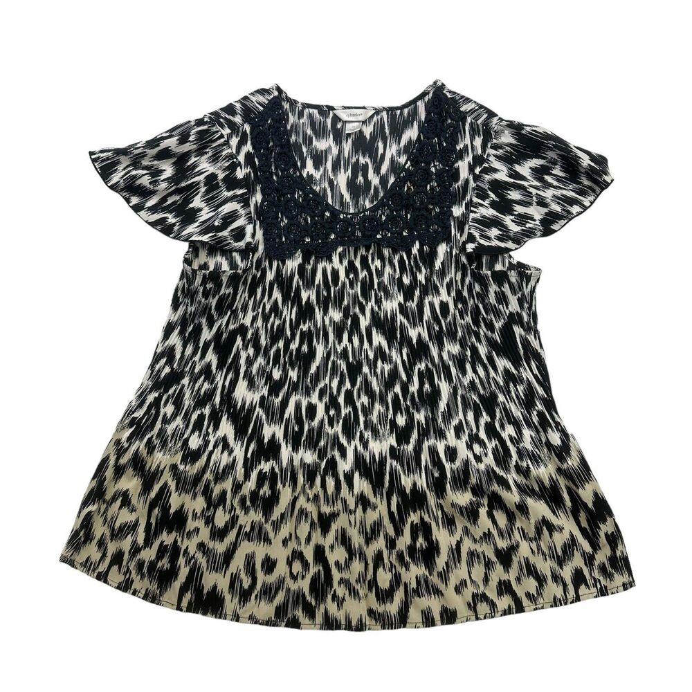 CJ BANKS Shirt Womens 2X Black White Beige Leopard Lace Short Sleeve Stretch